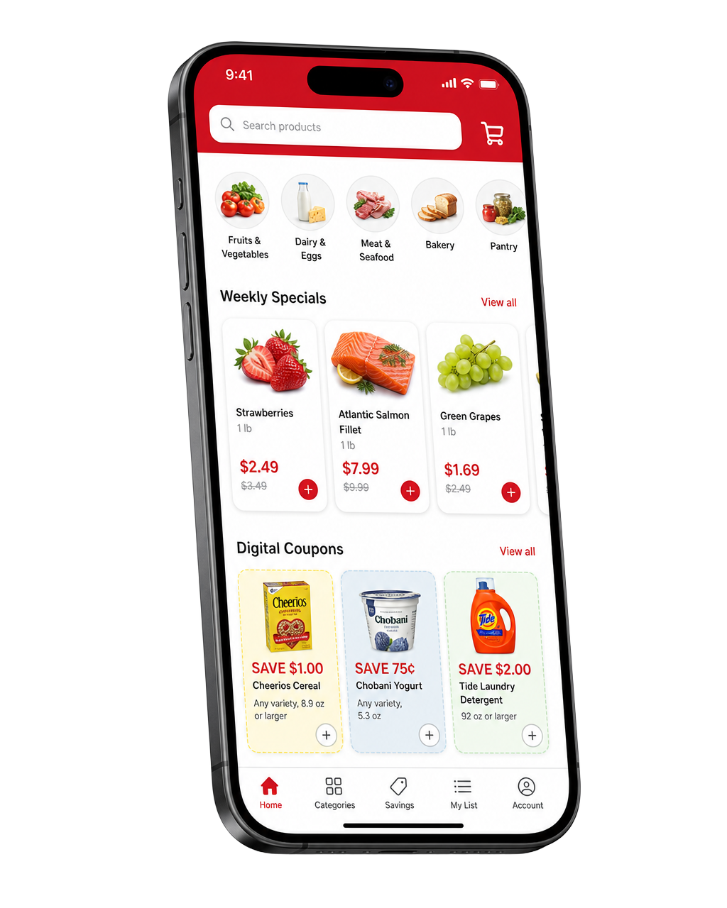 Key Food app showing weekly specials and digital coupons